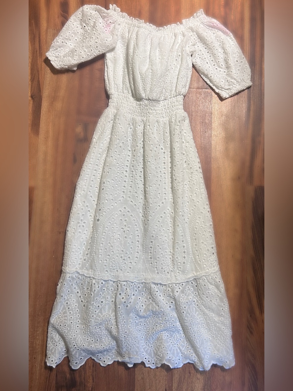 Betsey Johnson Washed Novelty Off-the-Shoulder Cotton Eyelet Midi Dress